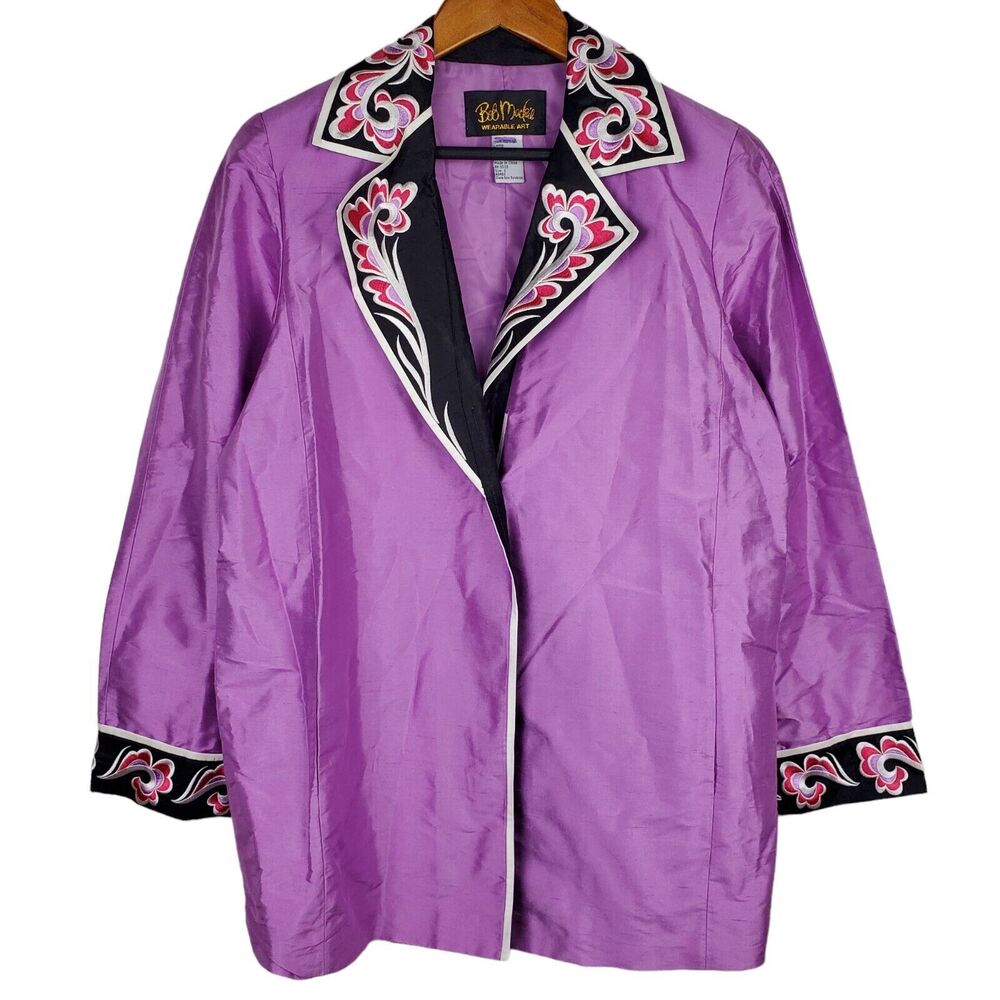 Bob Mackie Purple Floral Embroidered Button Long Sleeve 100% Silk Jacket Sz S